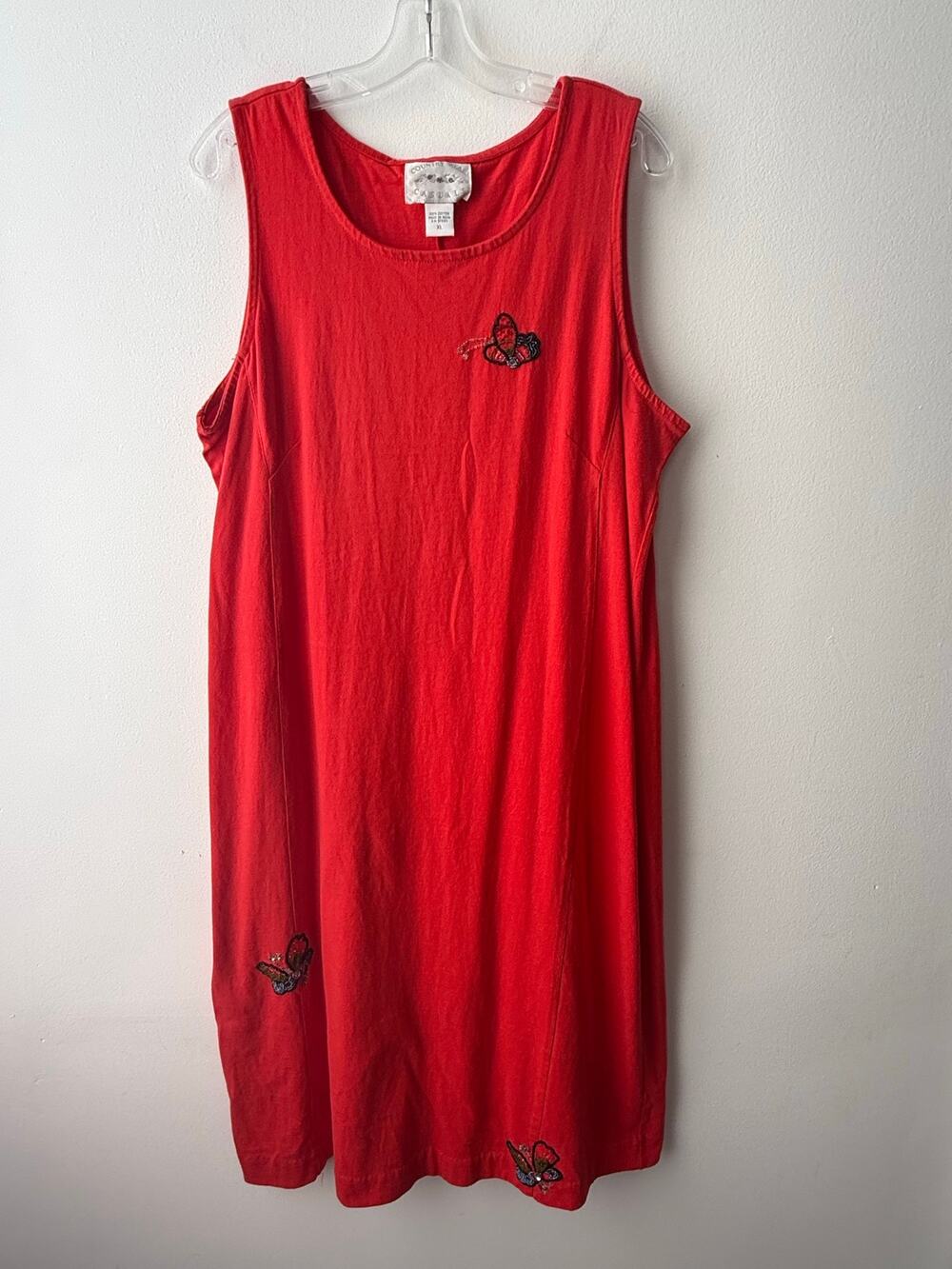 Vintage 90s Red Beaded Butterfly Maxi Dress Beach Coverup Coastal Grandma Top XL